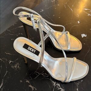 DKNY Metallic Silver Strappy Heels